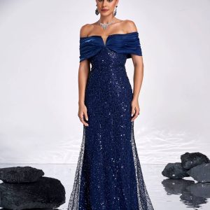 Elegant Off Shoulder Sequin Mermaid Floor Length Evening Party Gown