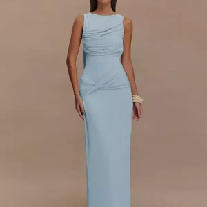 Elegant Open Back Ruched High Slit Sleeveless Long Dress Gown