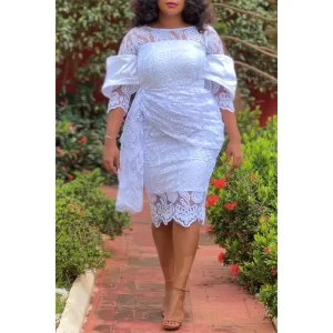 Elegant Plus Size Daily Round Neck Lace Outdoor Midi Dresses