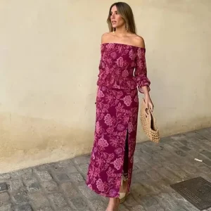 Elegant Print Slash Neck Strapless Backless Lantern Sleeve Tops High Waist Split Skirt Sets