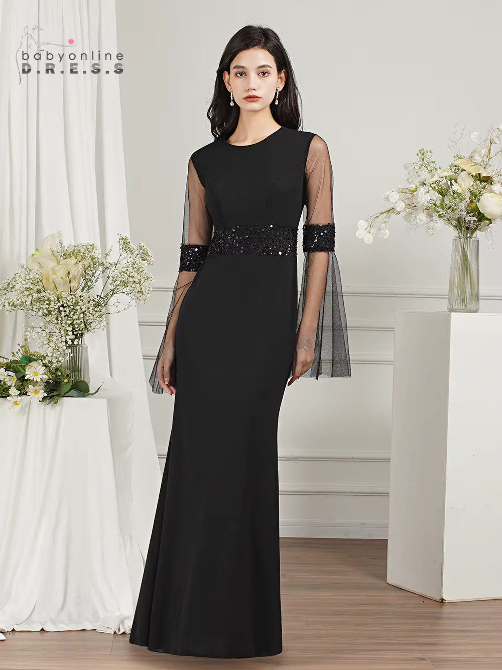 Elegant Sequined O-Neck Mermaid Long Sleeves Prom Formal Evening Maxi Dress