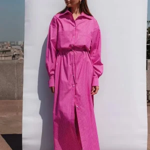 Casual Shirt With High Waist Slit Long Skirt Loose Stripe Two Pieces Set