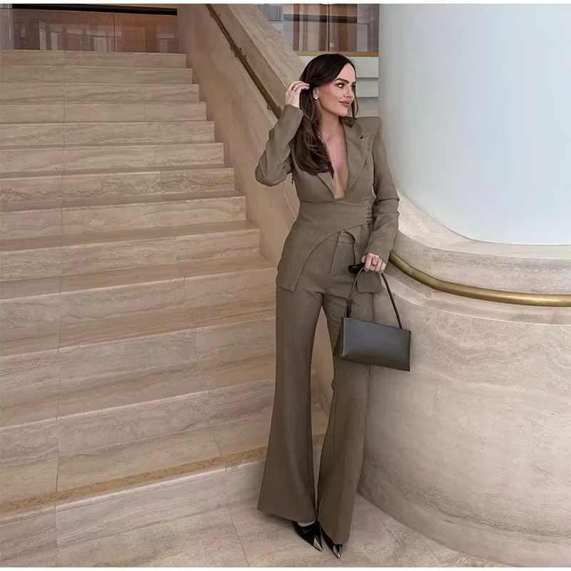 Elegant Shoulder Pads Suit Jacket High Waist Wide Leg Trousers Belt Blazer Pants Set
