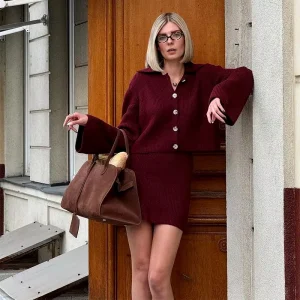 Elegant Solid Knitted Lapel Long Sleeve Single Breasted Cardigan Short Skirt 2 Pieces Suit