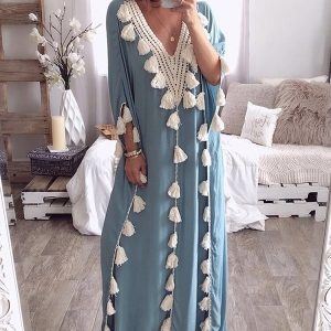 Elegant Tassel Patchwork V-neck Kaftan Casual Robe Long Maxi Dress