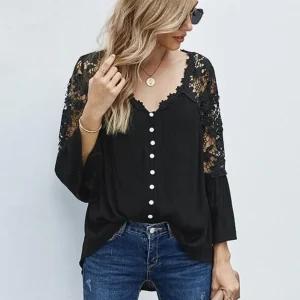 Erotic Fashion 3/4 Length Sleeves Tees Sheer Lace Buttons V-Neck Tee Shirt