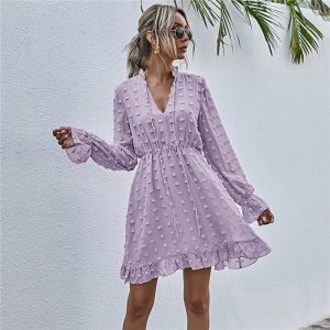 Fashion Solid Color Long Sleeve Ruffled Dress