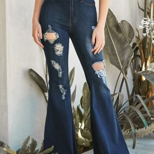 Flare Jeans Raw Edge Ripped High Rise Bell Bottoms For Women