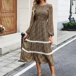 Floral Dress Layered Jewel Neck Long Sleeves Fall Midi Dress