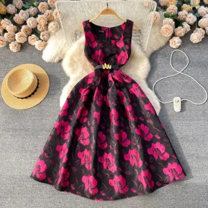 Floral Printed Square Collar Sleeveless Female A-line Belted Long Dresses
