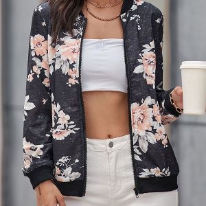 Floral Printed Stretch Zipper Casual Field Jacket
