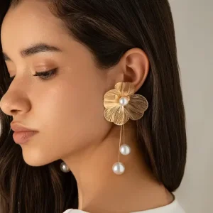 Flower Petal Long Tassel Drop Pearl Hanging Earrings Imitation Jewelry
