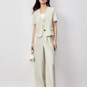 Formal Crop Spliced Button Blazer And Folds Straight-leg Pants 2 Piece Sets