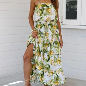 Fruit Print Sleeveless Slip Maxi Dresses
