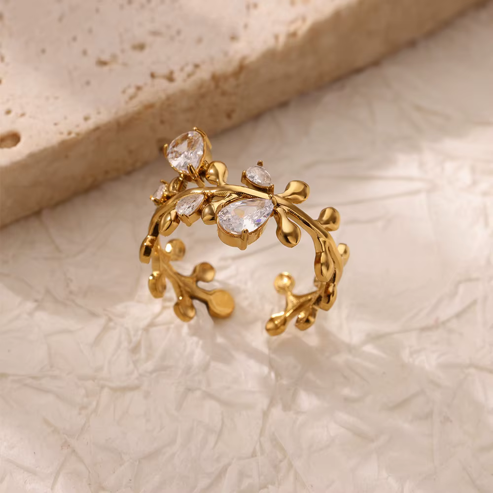 Geometric Zircon Leaves Stainless Steel Couple Wedding Ring