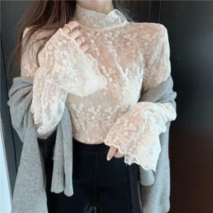 Half High Collar Lace Chiffon Flared Sleeve Bottoming Shirts