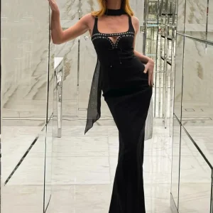 High Waisted Slim Long Dress With Ribbon Sleeveless Hollow Out