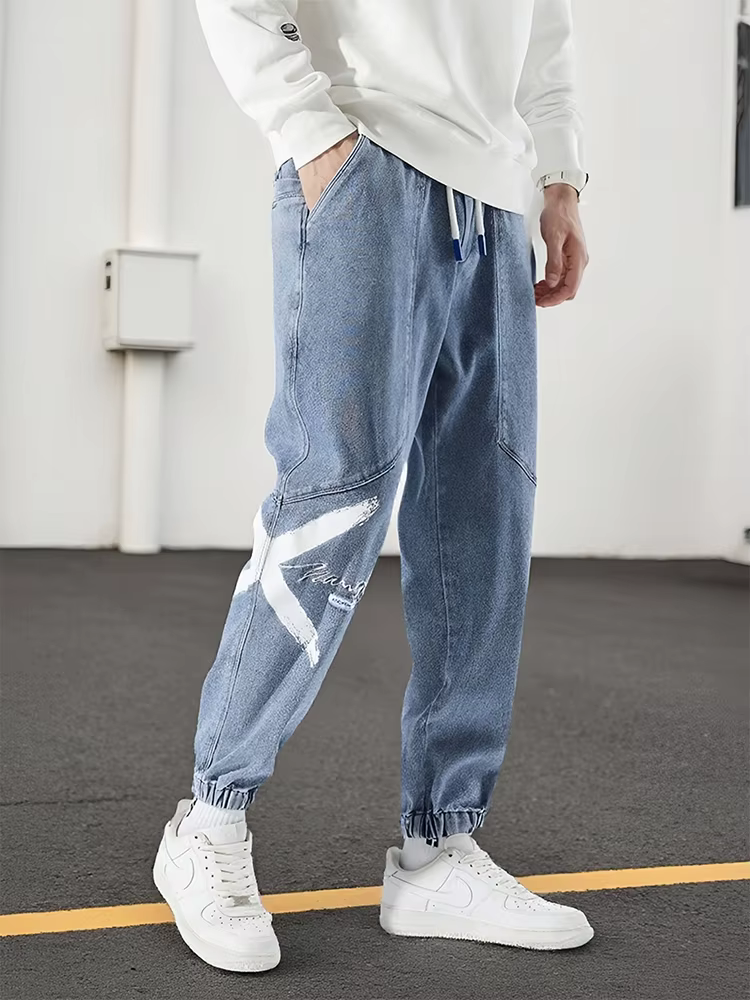 Hip Hop Streetwear Loose Fit Stretch Denim Printed Jogger Men’s Baggy Jeans
