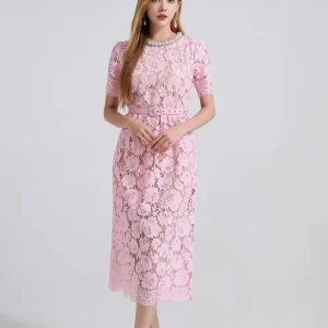 Hollow High Quality Diamonds Floral Short Sleeve Party Midi Dresses