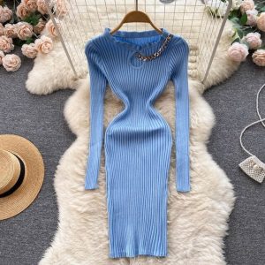 Hollow Out Chain Knitted O Neck Sexy Party Dress