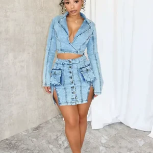 Irregular Deep V Buttons Cargo Pocket Bodycon Hollow Out Denim Mini Dress