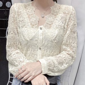 Lace Blouse V-Neck Long Sleeve Casual Shirts