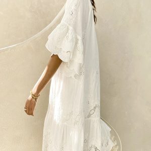 Lace Embroidery Ruffle Sleeve Casual Beach Mini Dress