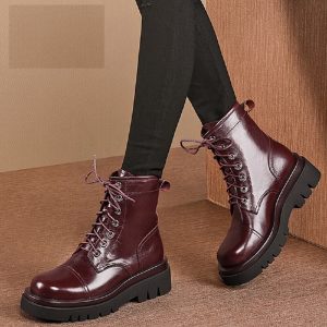 Leather Retro Motorcycl Thick Bottom Lace up Boots