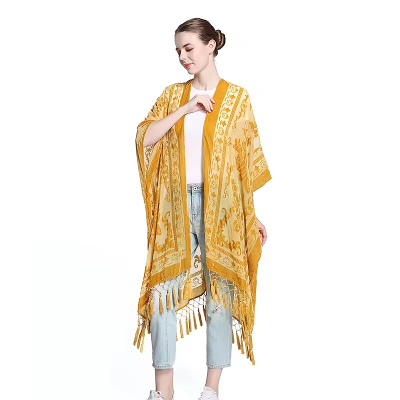 Luxury Burnout Velvet With Tassel Beach Cover-up Kimono - Image 2