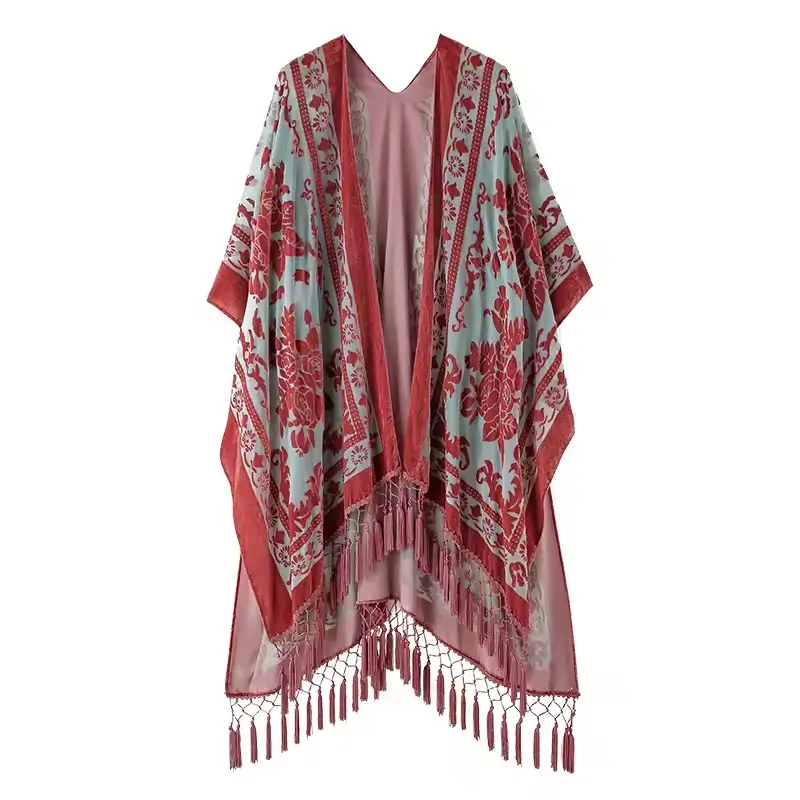 Luxury Burnout Velvet With Tassel Beach Cover-up Kimono - Image 9
