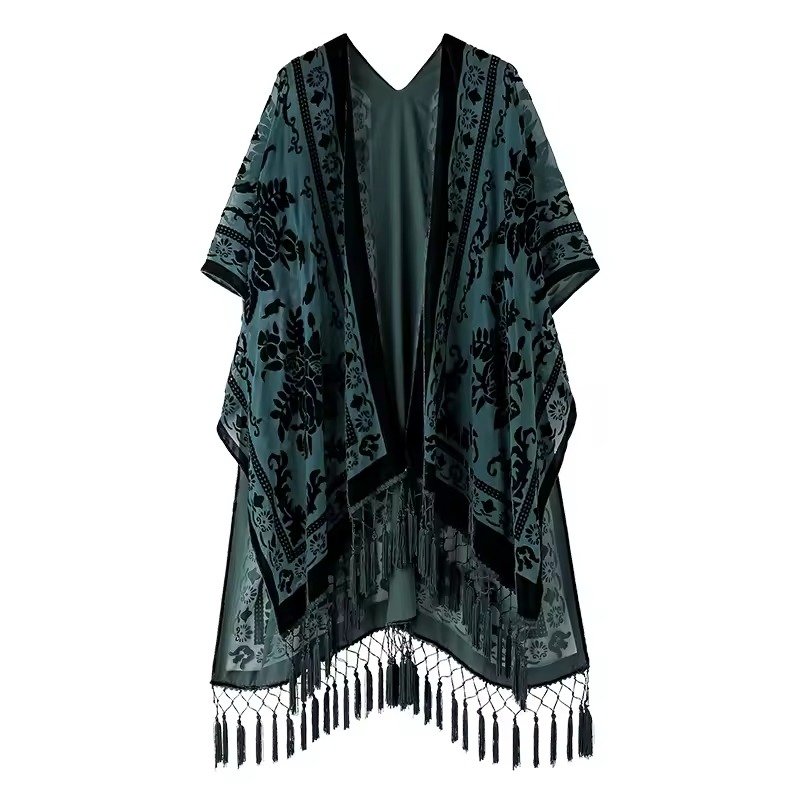 Luxury Burnout Velvet With Tassel Beach Cover-up Kimono - Image 8