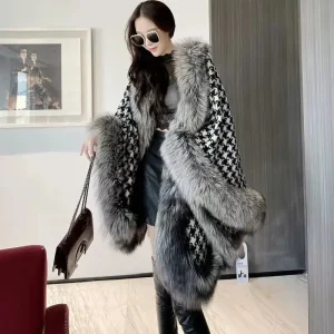 Luxury Plaid Outerwear Fox Fur Warm Cloak Christmas Asymmetric Length Coats