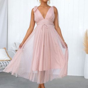 Midi Dress V-Neck Lace Up Tulle Beach Dress