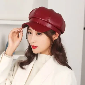 Casual Solid PU Leather Berets Outdoor Adjustable Cap Hat