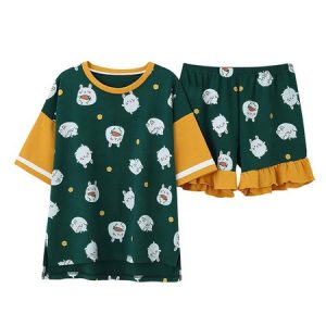 Pajamas Sleepwear Ruffles Printed Two Piece Jewel Neck Short Sleeves Cotton Blend Lingerie