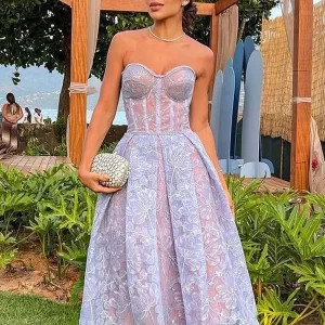 Party Dresses Strapless Lace Sleeveless Open Shoulder Semi Formal Dress