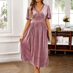 Party Dresses Pink V-Neck Lace Short Sleeves Semi Formal Dress