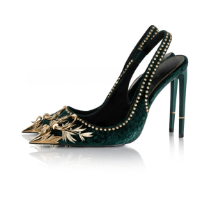 Pointed Toe Pumps Metal Decor Slingback Ankle Strap Women Sandals Luxury Silk Embroidered High Heels
