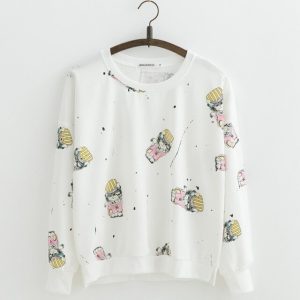 Print Cotton Hoodies Batwing Sleeve Loose Sweatshirts Thin Pullovers