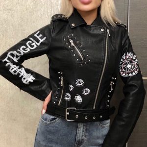 Pu Leather Motorcycle Jacket Turndown Collar Outerwear