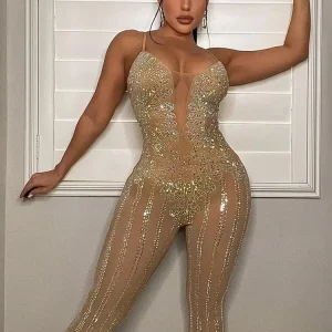 Rhinestone Spaghetti Straps Glam Sleeveless Sheer Mesh Crystal Romper Clubwear Jumpsuits