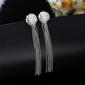 Rose Flowers Bead Long Chain Tassel Drop Earrings