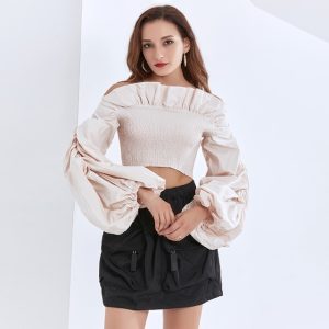 Ruched Slash Neck Lantern Long Sleeve Blouse