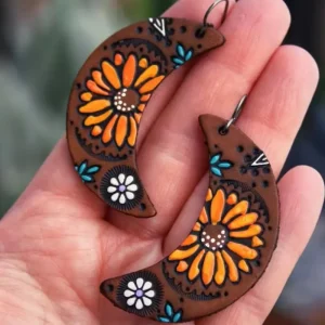 Sunflower Plants Dangle Vintage Metal Leather Moon Creativity Earrings