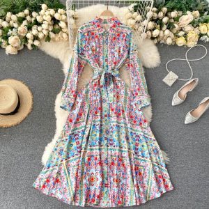 Sexy A-Line Stand Collar Long Sleeve Design Print Maxi Dress