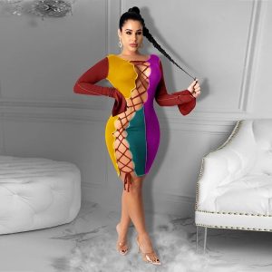 Sexy Cross Bandage Hollow Out Long Sleeve Bodycon Dress