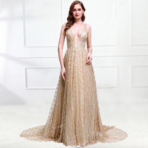 Sexy Luxury Bling Deep-V Sexy Tulle Backless Evening Dresses