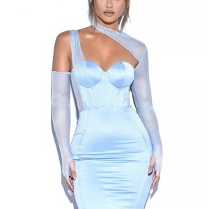 Sexy Sloping Shoulders Long Sleeve Mesh Dress
