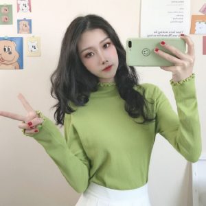 Fungus side bottoming half high collar slim knit t-shirt