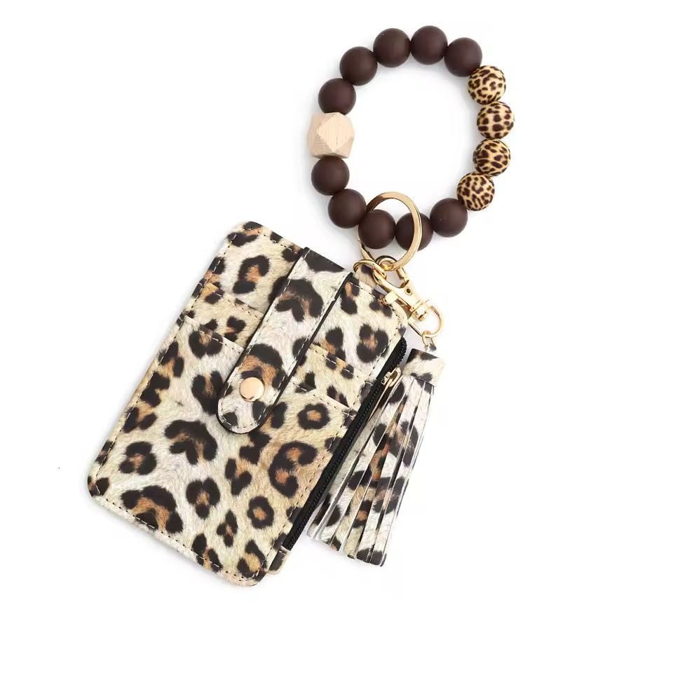 Leopard Print Silicone Bead Key Chain id Credit Card Holder Clutch Wallet